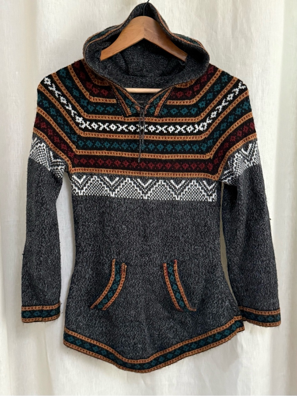 Ecuador Alpaca Hooded Fair Isle Sweater XXS XS Gray Andean Nordic Boho